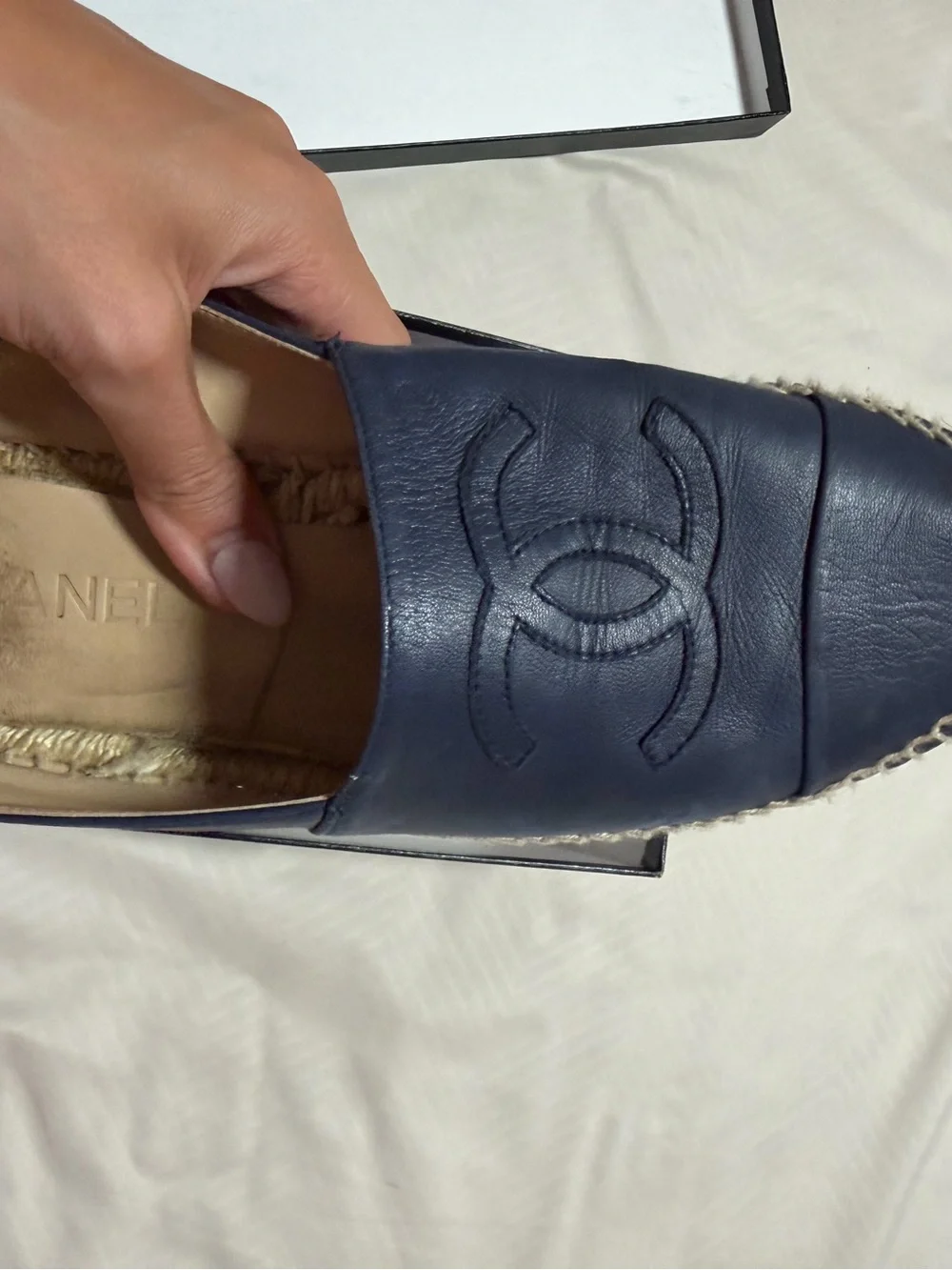 AUTHENTIC CHANEL Dark Navy Leather CC Espadrille Flats